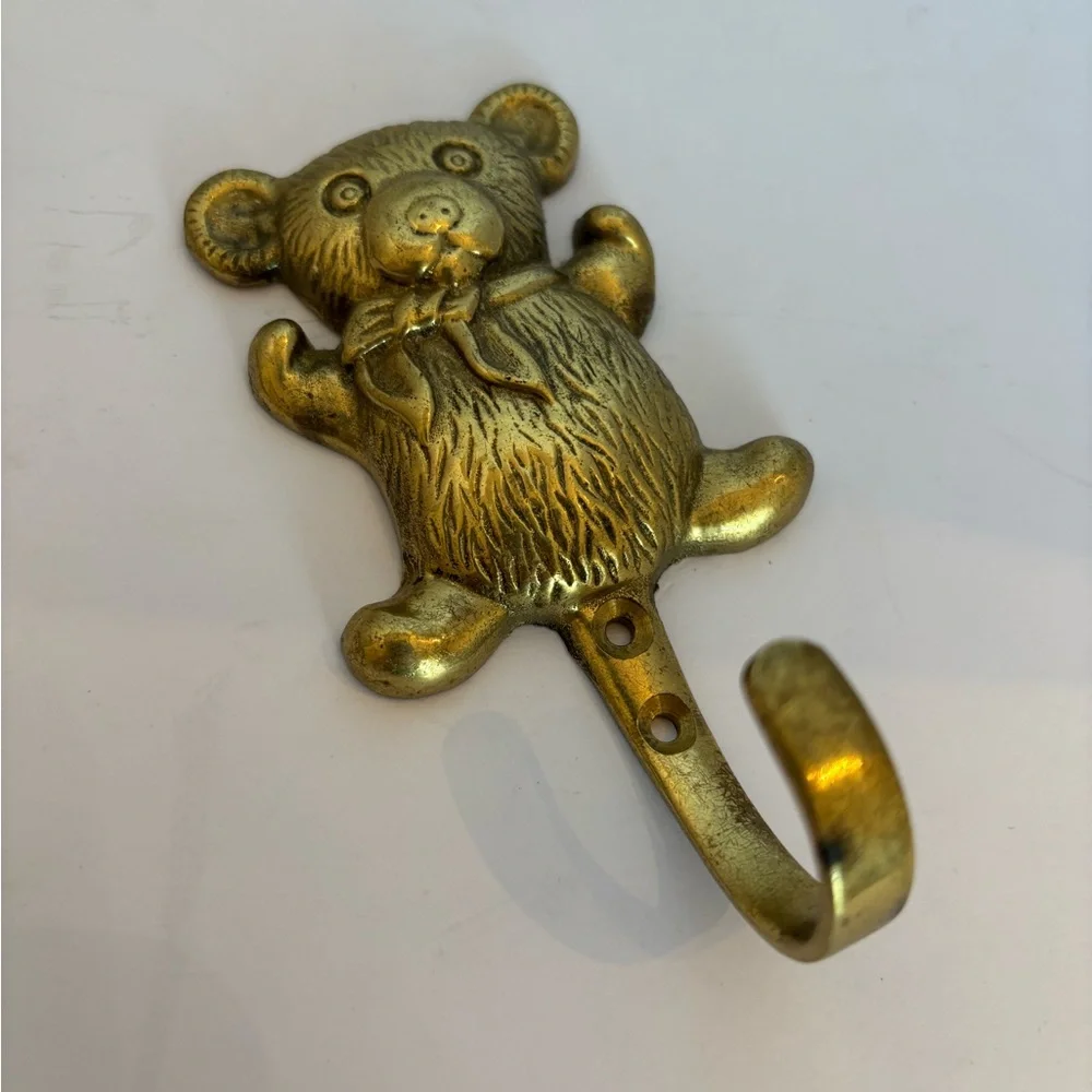 Vintage Brass Teddy Bear Wall Mount Hook for Coats/Towels
